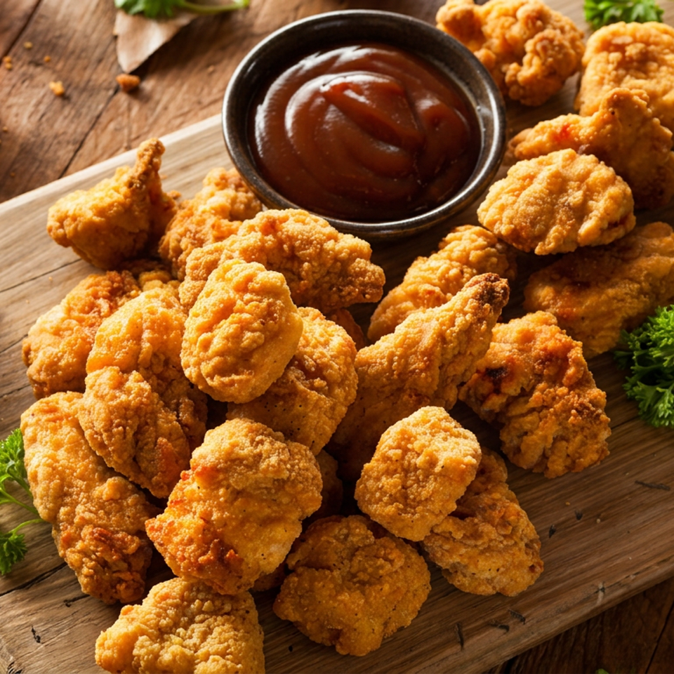 Pile of golden fried chicken pieces with barbecue dipping sauce and parsley on a rustic wooden serving board.