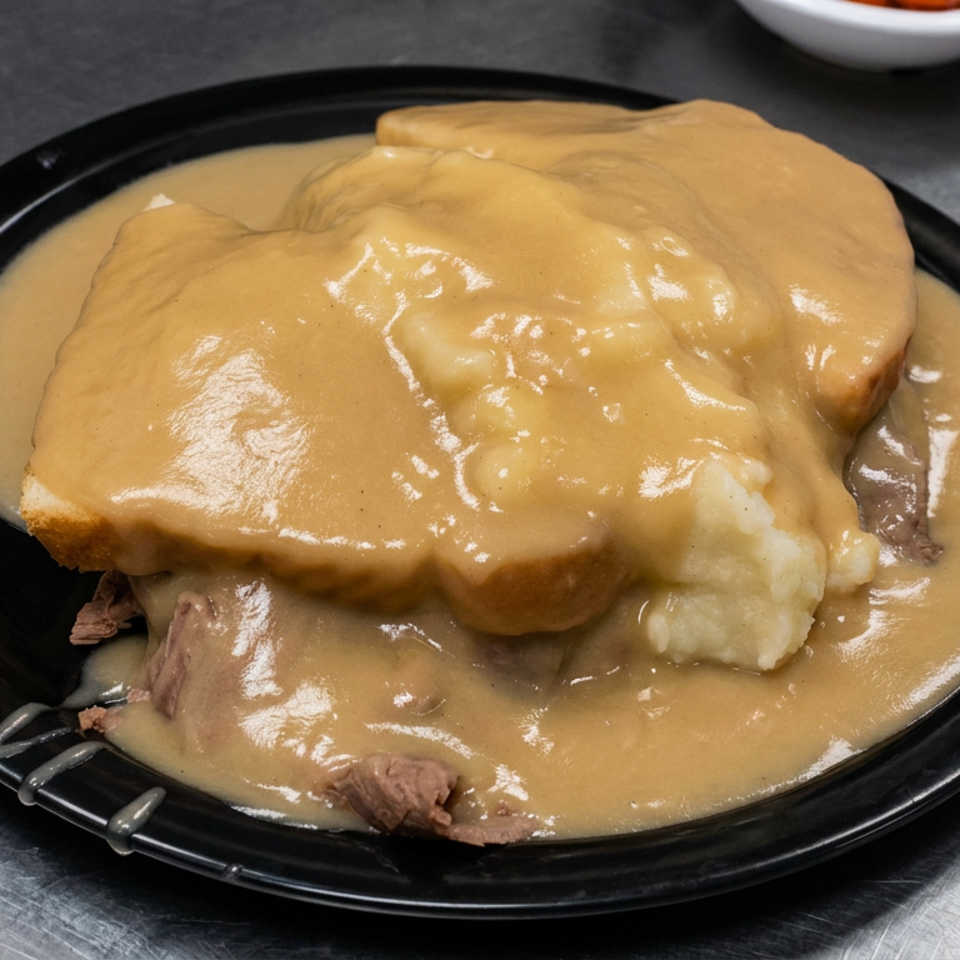 Open-faced roast beef sandwich covered in brown gravy and mashed potatoes on a black plate.