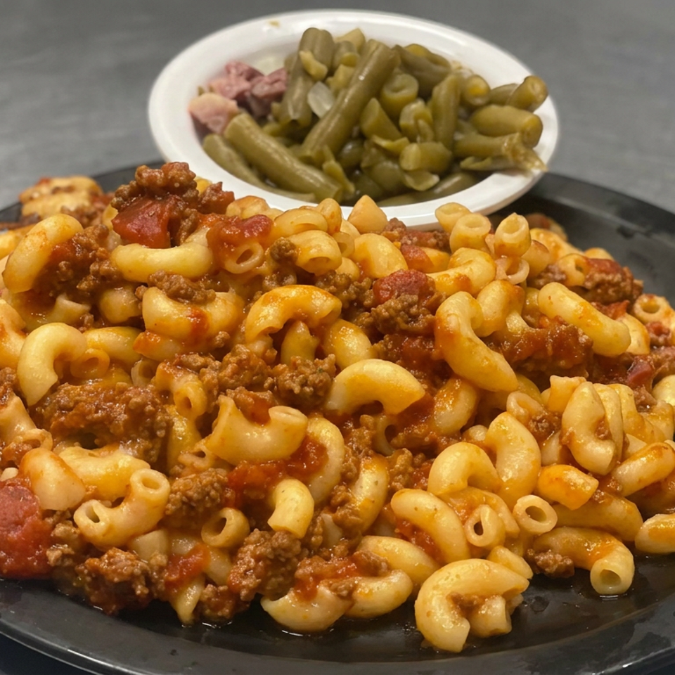 Plate of macaroni pasta with ground beef, tomato sauce, and pepperoni, served with green beans on a gray tabletop.