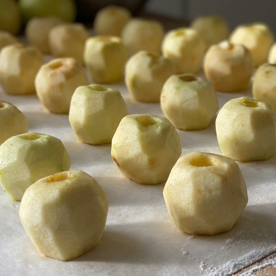 Unbaked dough balls arranged on a floured baking sheet, each with a small indentation in the center.