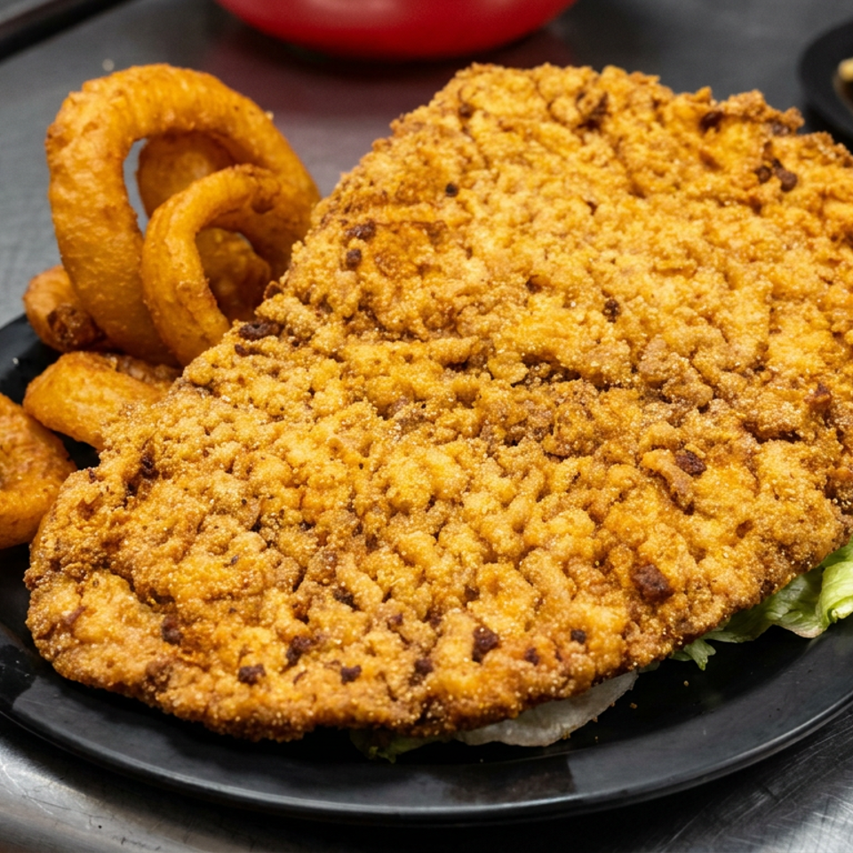 Golden-breaded fried chicken sandwich with lettuce and onion rings on a black plate, alongside macaroni and cheese.