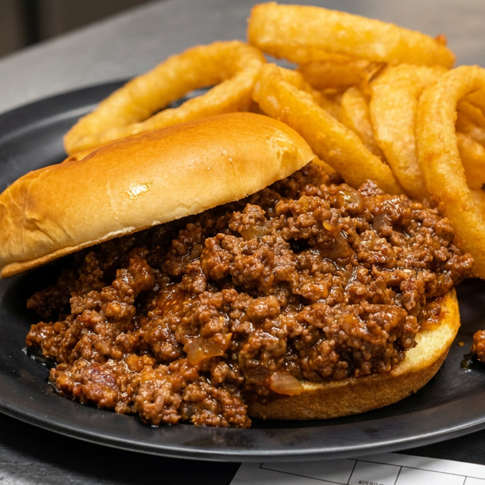Sloppy joe sandwich overflowing with saucy ground beef, served with crispy onion rings on a black plate.