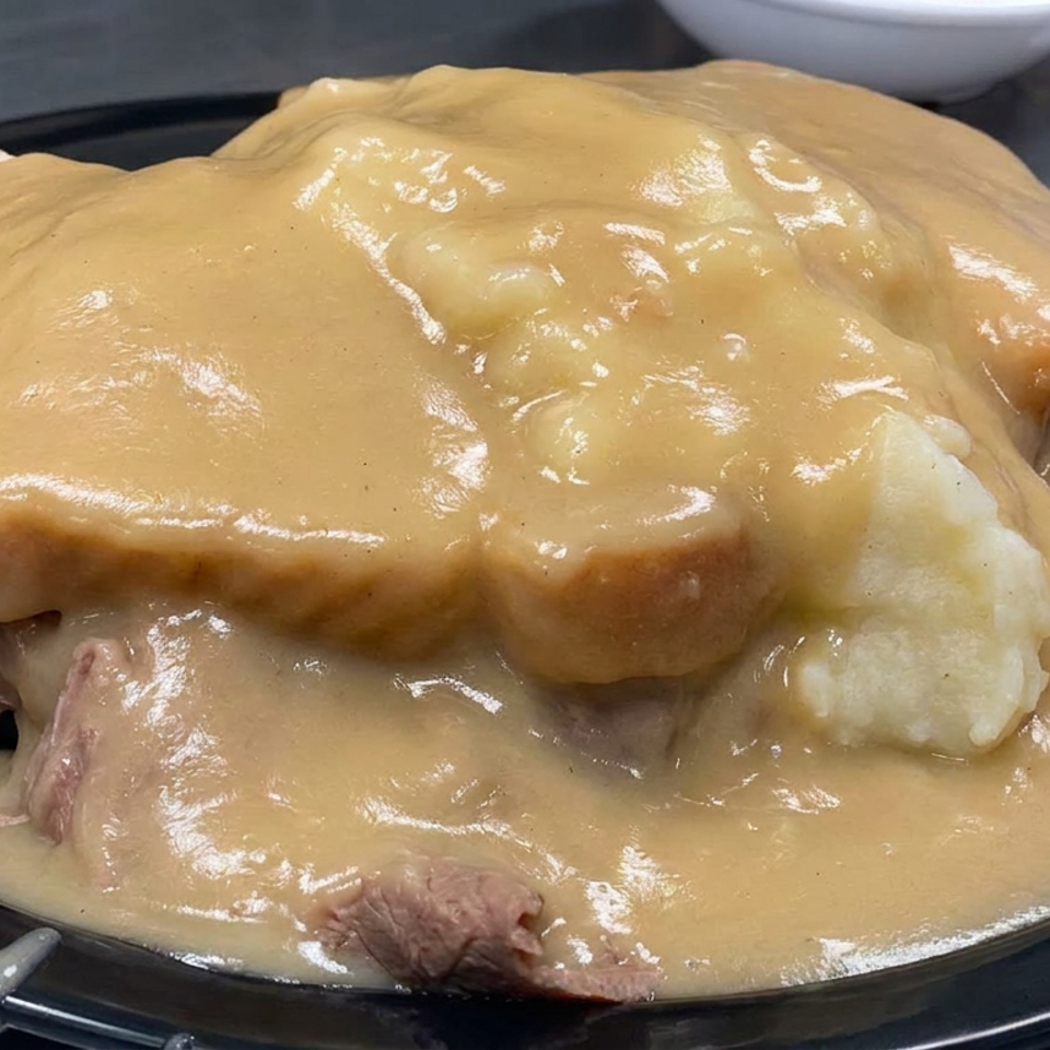Open-faced roast beef sandwich topped with mashed potatoes and creamy brown gravy on a black plate.