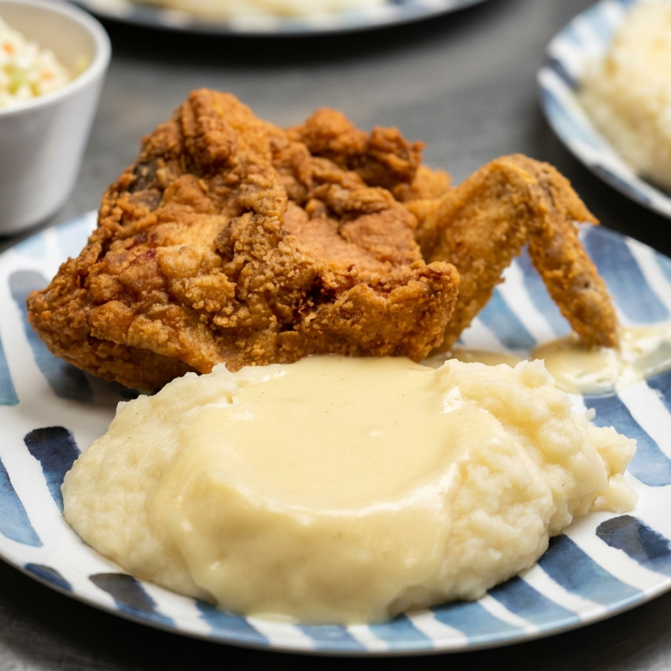 Crispy fried chicken and mashed potatoes topped with gravy on a blue-and-white plate, with coleslaw and additional plates in the background.