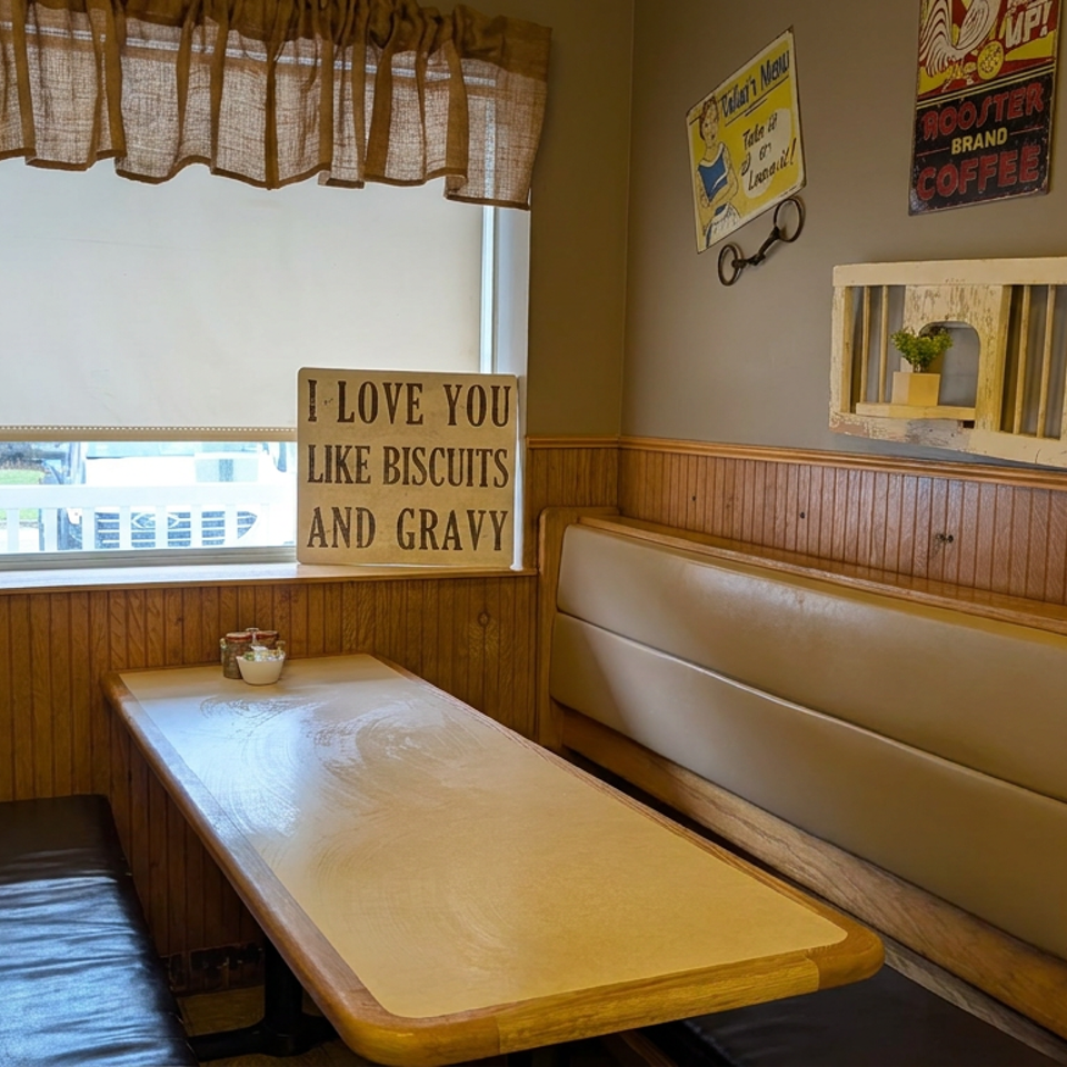 Cozy restaurant booth with wooden paneling, cream vinyl benches, a table, window, and biscuit-themed wall signs.