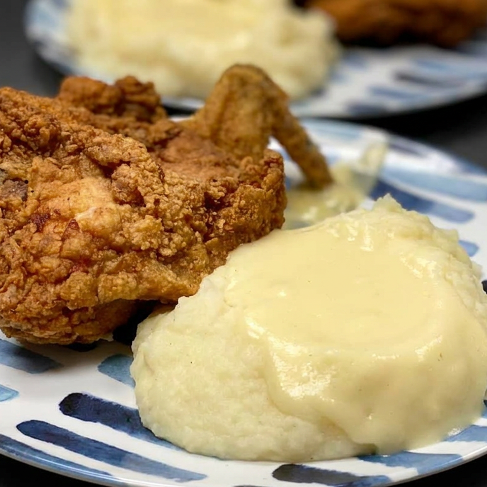 Crispy fried chicken and a creamy biscuit served on a blue-and-white patterned plate, with additional plated food in the background.