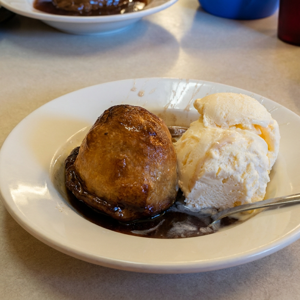 Warm chocolate brownie topped with vanilla ice cream and chocolate sauce, served on a white plate with a spoon.