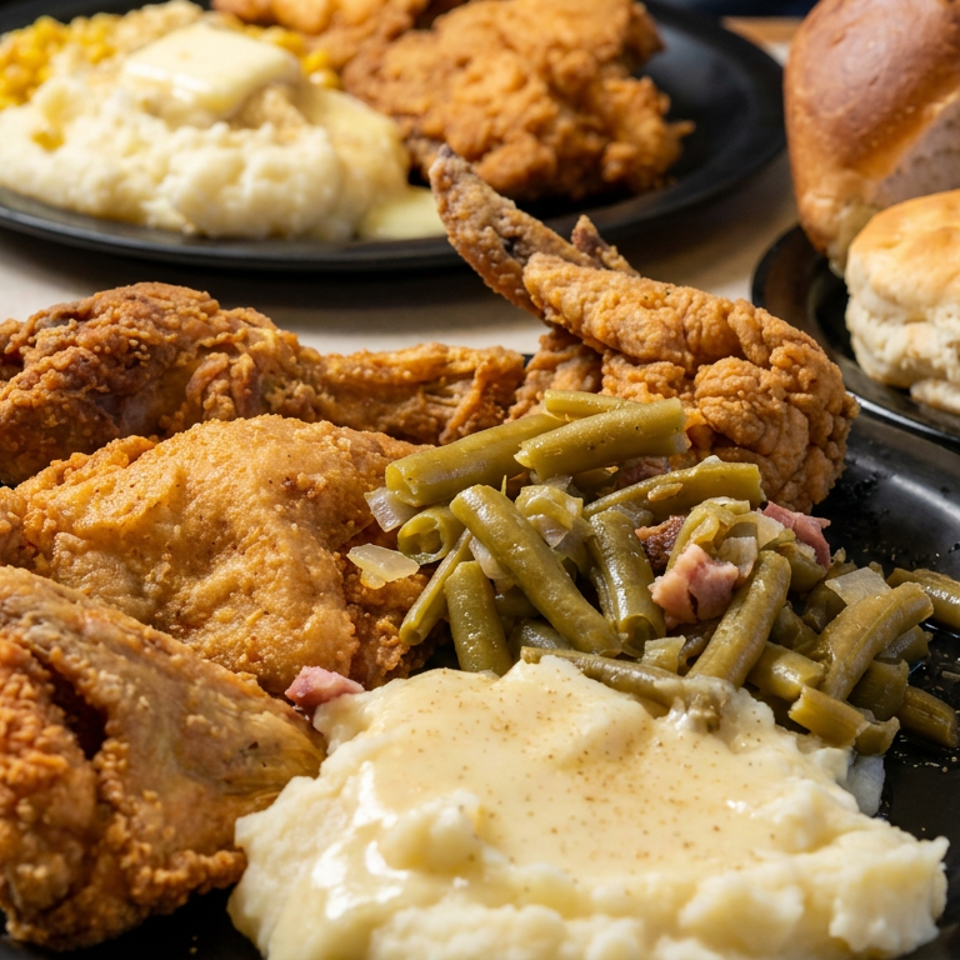 Southern-style fried chicken plate with green beans, mashed potatoes and gravy, biscuits, side dishes, and iced tea.