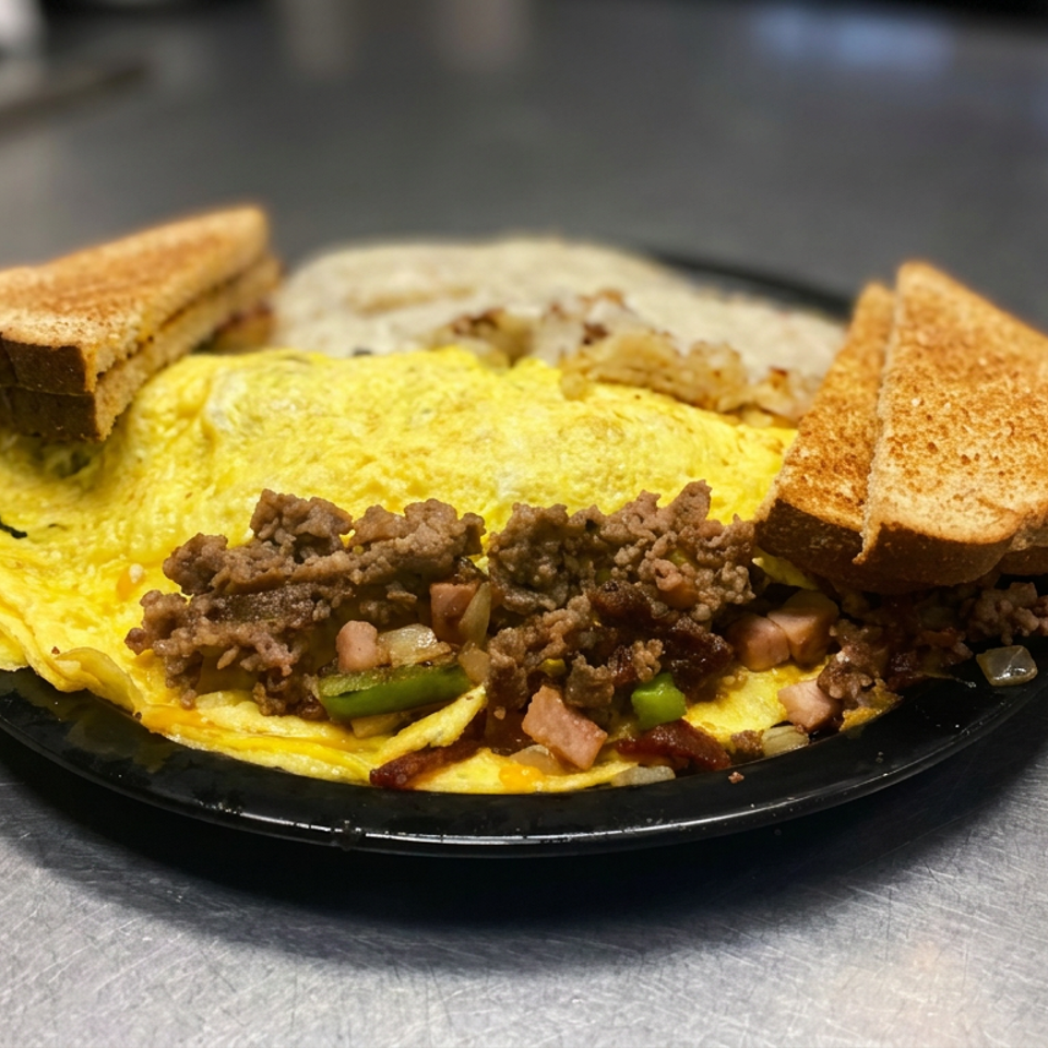 Western omelet filled with ground beef, peppers, onions, and ham, served with toasted bread on a black plate.