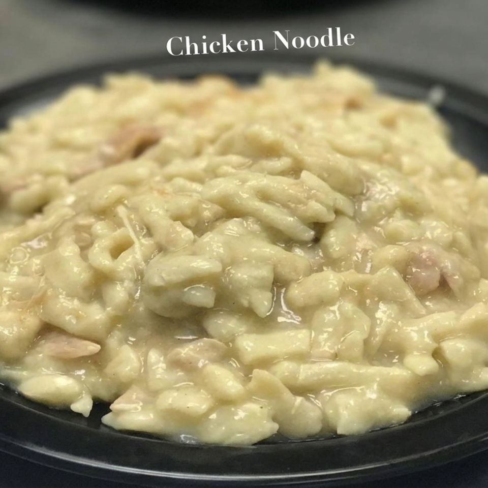 Creamy chicken noodles served on a black plate.